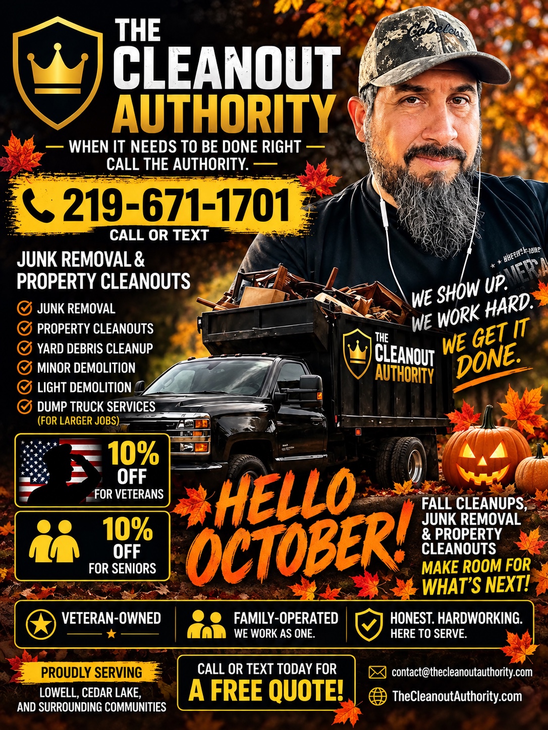 The Cleanout Authority October fall cleanup promotion featuring junk removal, property cleanouts, veteran-owned family business, and Northwest Indiana service.