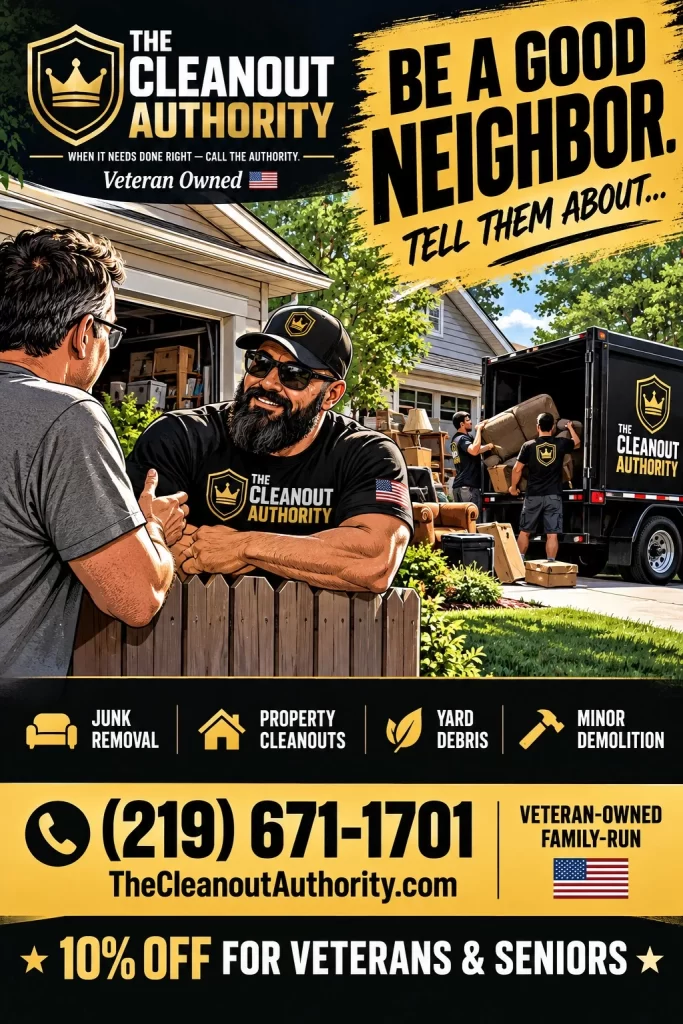 The Cleanout Authority “Be a Good Neighbor” flyer advertising junk removal, property cleanouts, yard debris and minor demolition. Call 219-671-1701. Veteran-owned; 10% off for veterans and seniors.