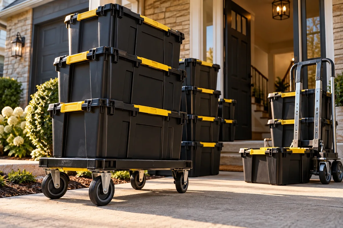Reusable moving totes stacked on dollies for a residential move.