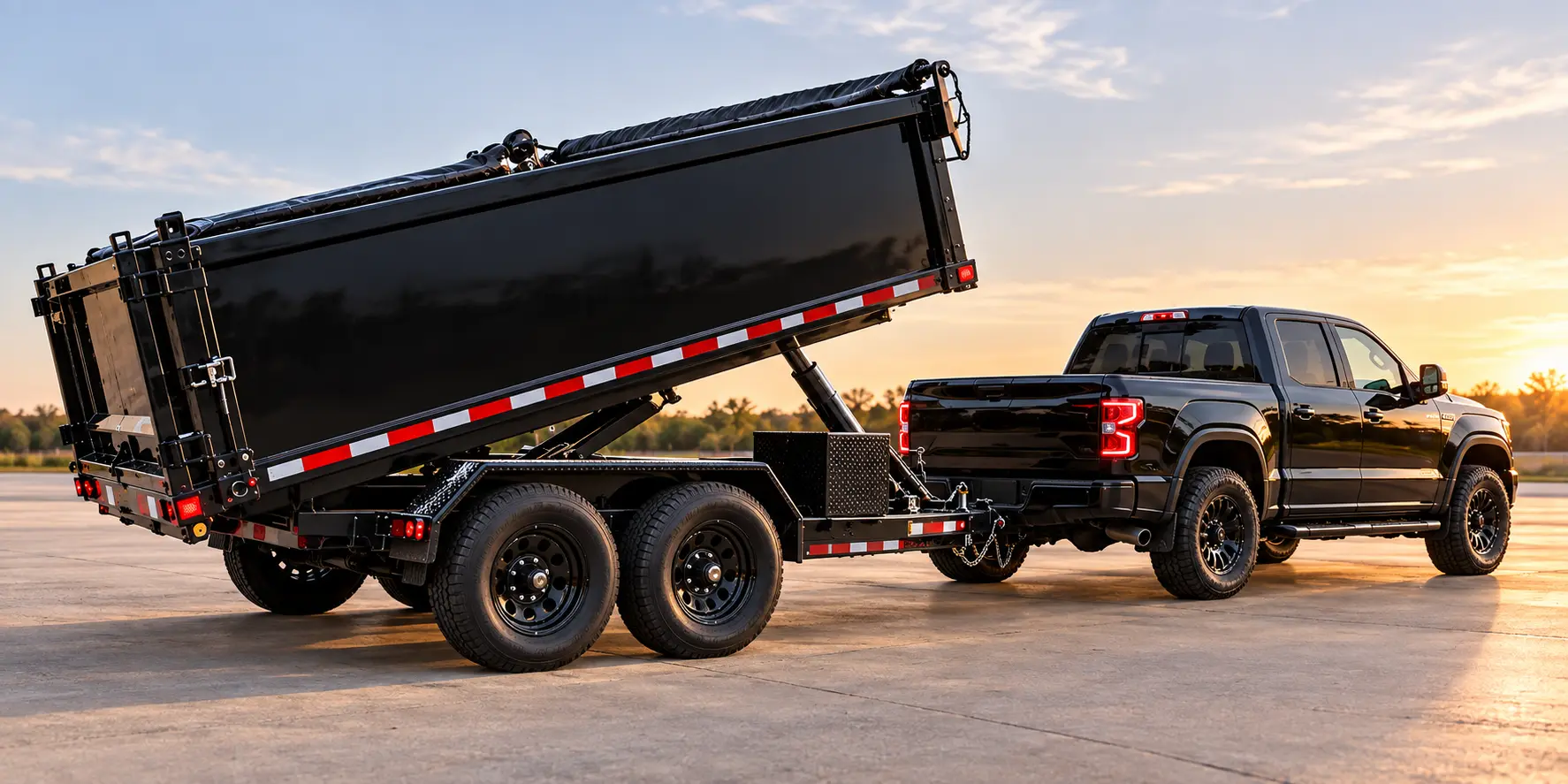 Existing illustrative black pickup and raised dump trailer